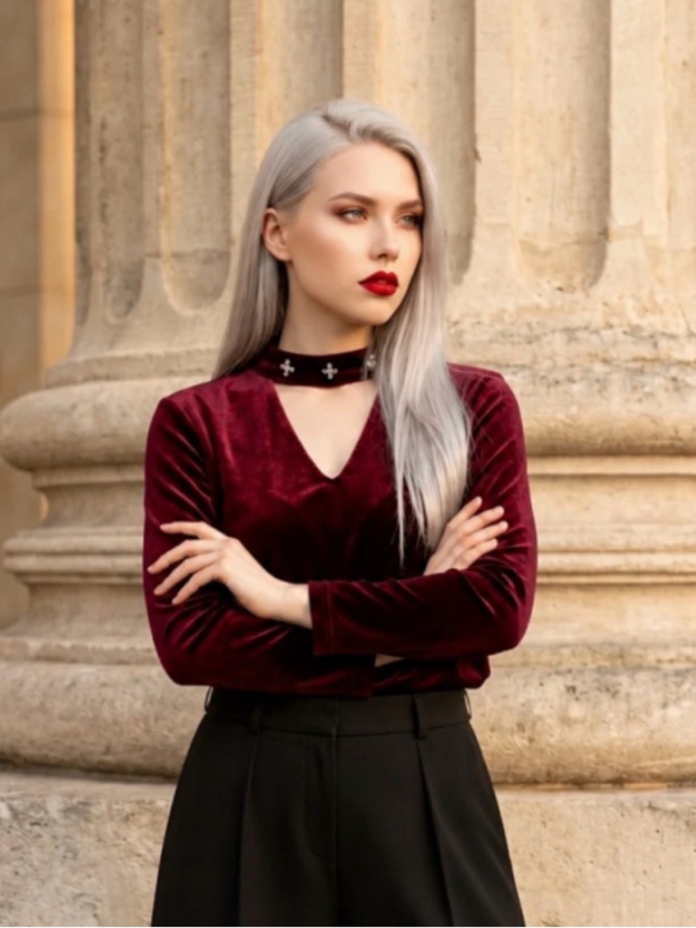 Lord & Taylor Velvet Blouse Burgundy Silver Size L